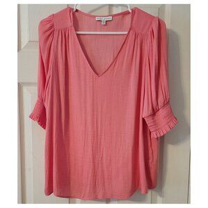 Maison d'Amelie Anthropologie faux silk ruffle sleeve BLOUSE pink coral M